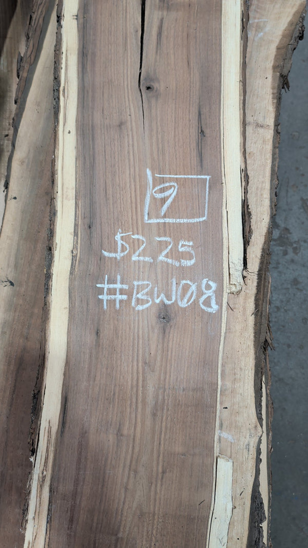Black Walnut live edge slab #BW08, chalk markings showing 9 BF and $225
