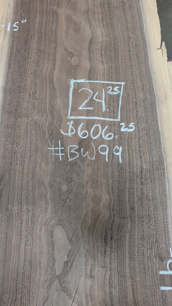Black Walnut Live Edge Slab #BW99, 24.25 BF, 97 in. Long