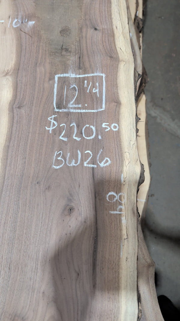 Black Walnut Live Edge Slab #BW26, 12.4 BF, 84 in. Long