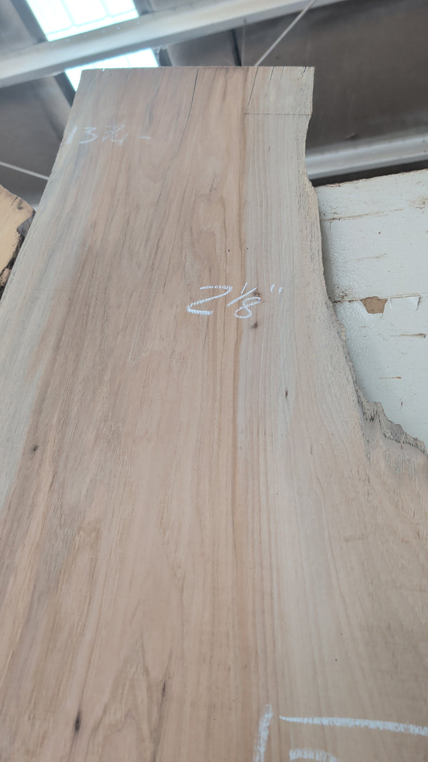Live edge slab PE01 grain detail with 2-3/8 in. thickness marking