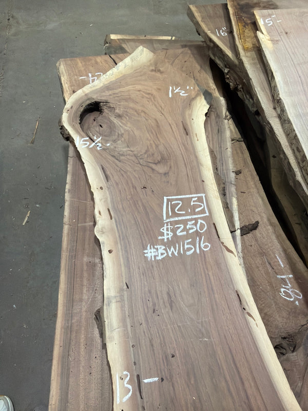 Black Walnut live edge slab #BW1516, top end view